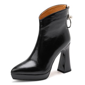 Talon Carré A Talon Belle Talon Epais Fermeture Éclair Classique Cuir Bottines Originale Bout Pointu Habillé Plateforme