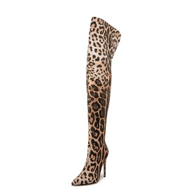 Casual Elegant Classic Faux Leather Stiletto Leopard Print High Heel Suede Thigh High Boot Tall Boots