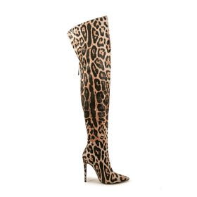 Leopard Talon 11 cm Bout Pointu Bottes Haute Classique Daim Habillées Talons Aiguilles Boots Femme Botte Cuissarde Élégantes