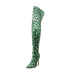 Tacco A Spillo Verde Classiche Stivali Alla Coscia Stivali Alti Leopardato Eleganti In Ecopelle Con Pelo Interno Tacco Alto