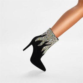 Noir Avec Strass Boots Femme Belle Chaussettes Fermeture Éclair Talon Aiguille Talon 10 cm Bottines