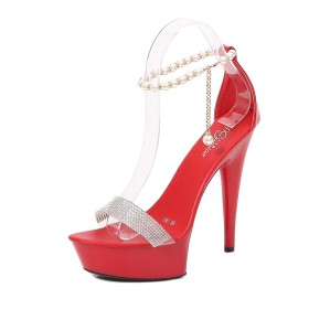 Met Enkelbandje Naaldhakken Gesp Imitatieleer Sexy Parel Klassiek Sandaaltjes 13 cm High Heel Rood