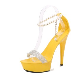 High Heel Open Toe Stilettos Sandals For Women Pearls With Rhinestones Dress Shoes Platform Sexy Classic With Ankle Strap Yellow Faux Leather