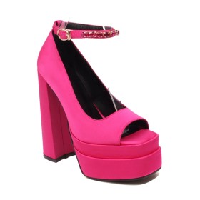 Scarpe Da Cerimonia Plateau Classiche Tacco Largo In Raso Fucsia Business Casual Décolleté Elegante Con Tacchi Alto Scarpe