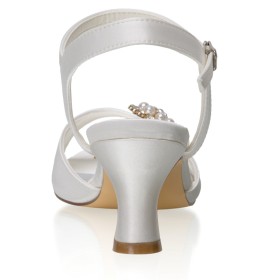 Elegante Abendschuhe Sandalen Satin Mit Blockabsatz Hochzeitsschuhe 6 cm Mittlerer Absatz Peeptoe Riemchen Mit Perle Weiße