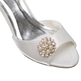 Sandales Femmes Elegante Peep Toes Chaussure De Mariée À Lanières À Boucle A Talon 6 cm Satin Ceremonie Avec Strass