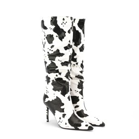 Stilettos Hohe Stiefel Cow Boots Gefütterte Mit 9 cm High Heel Schwarz Weiß Kniehohe Schlupfschuh Blockfarben 2023 Sexy Geschlossene Zehe