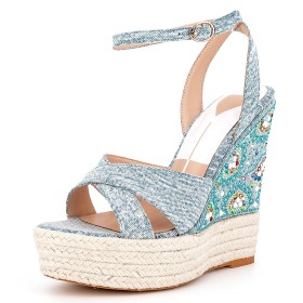 Beach Footear 15 cm High Heels Jeans Rhinestones With Crystal Wedge Ankle Strap Light Blue Strappy Sandals Bohemian Platform