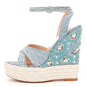 Beach Footear 15 cm High Heels Jeans Rhinestones With Crystal Wedge Ankle Strap Light Blue Strappy Sandals Bohemian Platform