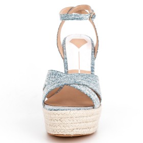Beach Footear 15 cm High Heels Jeans Rhinestones With Crystal Wedge Ankle Strap Light Blue Strappy Sandals Bohemian Platform