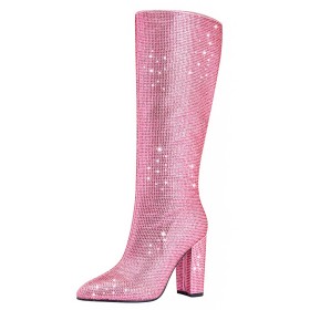 Sparkly Chunky Heel Block Heels Dress Shoes Rhinestones 4 inch High Heel Gorgeous Knee High Boots For Women Faux Leather Glitter