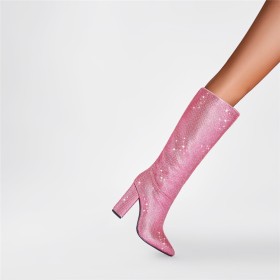 Blockklack Mode Höga Klackar Knähöga Stövlar Dam Glittriga Spetsiga Tå Glitter Finskor Lyxiga Boots Festskor Med Strass