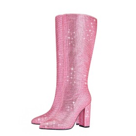 Blockklack Mode Höga Klackar Knähöga Stövlar Dam Glittriga Spetsiga Tå Glitter Finskor Lyxiga Boots Festskor Med Strass