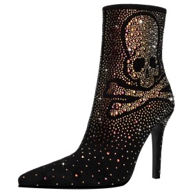 Stiletto High Heel Faux Leather Black Sparkly Rhinestones Graffiti Suede Ankle Boots For Women Evening Shoes