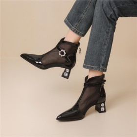 Bottines Moderne A Petit Talon Elegante Talons Carrés Habillées Sandale Bottine Fermeture Éclair Cuir