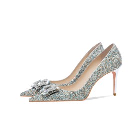 Scarpe Donna Scarpe Da Cerimonia Con Strass Argento Fiori Decolte Con Tacco A Spillo Scarpe Sposa Scarpe Da Sera Glitter Punta Chiusa Tacco Alto 8 cm