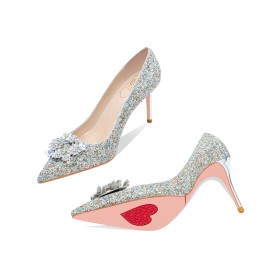 Scarpe Donna Scarpe Da Cerimonia Con Strass Argento Fiori Decolte Con Tacco A Spillo Scarpe Sposa Scarpe Da Sera Glitter Punta Chiusa Tacco Alto 8 cm