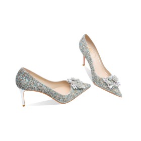 Scarpe Donna Scarpe Da Cerimonia Con Strass Argento Fiori Decolte Con Tacco A Spillo Scarpe Sposa Scarpe Da Sera Glitter Punta Chiusa Tacco Alto 8 cm