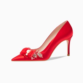 Pointed Toe Wedding Shoes For Bridal Party Shoes Satin Stiletto High Heels Pumps Pearls Closed Toe Red Flowers
