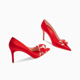 Belle Chaussure De Soirée Chaussures Mariée Originale Talon Haut 8 cm Escarpin Bout Pointu Perlé Fleurs Chaussure Pour Femme