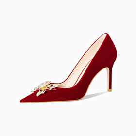 Stiletto 8 cm High Heel Burgundy Rhinestones With Butterfly Elegant Velvet Pumps Pointed Toe Bridal Shoes
