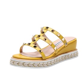 Beach Platform Studded Strappy Wedge Espadrilles Yellow Sandals For Women Low Heels Gladiator Open Toe Summer Slip On Leather