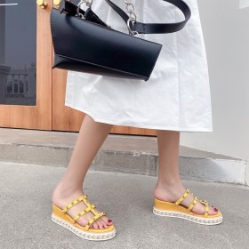 Beach Platform Studded Strappy Wedge Espadrilles Yellow Sandals For Women Low Heels Gladiator Open Toe Summer Slip On Leather