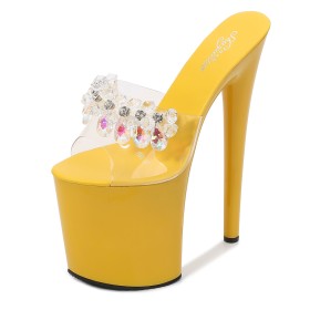 Sexy Simili Cuir Plateforme Mules Classique Jaunes Peep Toes Avec Cristal Sandales Talon Haut 20 cm Talons Aiguilles