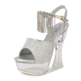 Fuskläder Blockklackar Platform 14 cm Högklackade Med Fransar Glitter Blomma Peeptoes Sandaletter Dam Festskor Ankelrem Genomskinliga Glittriga