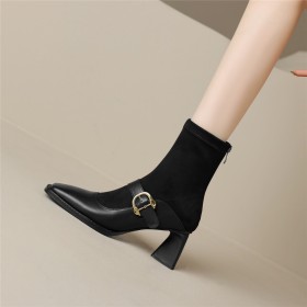 Talon Carré Cuir Bottines Fourrees Élégant Confort Chaussettes Talon Epais À Talon Bout Rond Fermeture Éclair Boots Femme