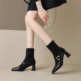 Talon Carré Cuir Bottines Fourrees Élégant Confort Chaussettes Talon Epais À Talon Bout Rond Fermeture Éclair Boots Femme