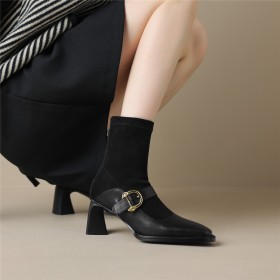 Talon Carré Cuir Bottines Fourrees Élégant Confort Chaussettes Talon Epais À Talon Bout Rond Fermeture Éclair Boots Femme