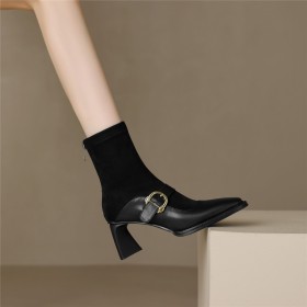 Talon Carré Cuir Bottines Fourrees Élégant Confort Chaussettes Talon Epais À Talon Bout Rond Fermeture Éclair Boots Femme