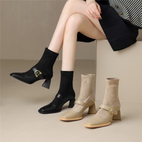 Talon Carré Cuir Bottines Fourrees Élégant Confort Chaussettes Talon Epais À Talon Bout Rond Fermeture Éclair Boots Femme