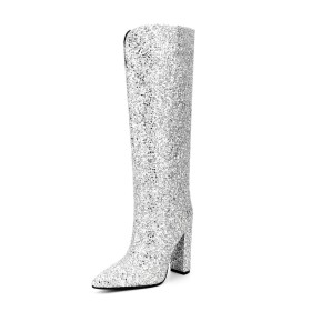 Formele Knie Laarzen Hoge Hak Zilveren Hoge Laarzen Sparkle Glitter