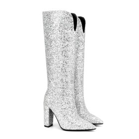 Knee High Boot For Women High Heel Tall Boots Chunky Heel Dress Shoes Glitter Fur Lined