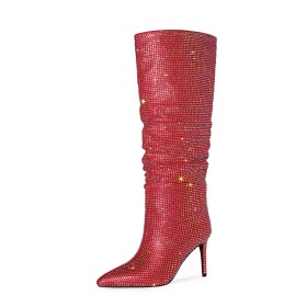 Faux Leather 3 inch High Heel Luxury Stiletto Heels Sparkly Tall Boot Dressy Shoes Knee High Boot Fur Lined Stylish Red