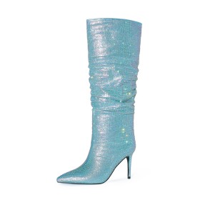 Fur Lined Knee High Boots For Women Light Blue Gorgeous Sparkly Dress Shoes Faux Leather Stiletto Heels Rhinestones Tall Boots 3 inch High Heel