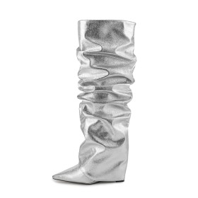 Slouch Sparkle Sleehak Hoge Laarzen Dames Slangenprint 10 cm High Heel Knie Laarzen Zilveren