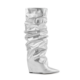 Slouch Sparkle Sleehak Hoge Laarzen Dames Slangenprint 10 cm High Heel Knie Laarzen Zilveren