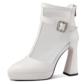 Sandal Boots Business Casual Classic High Heel Block Heels Formal Dress Shoes Buckle Chunky Heel White Booties Elegant