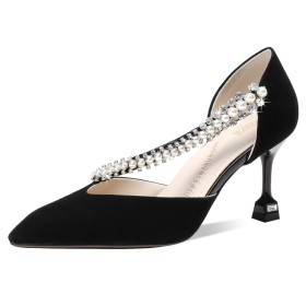 Neri Tacchi Medio 7 cm Scarpe Cerimonia Con Strass Pelle D orsay Business Casual Eleganti Tacchi Spillo Con Perle Sandali