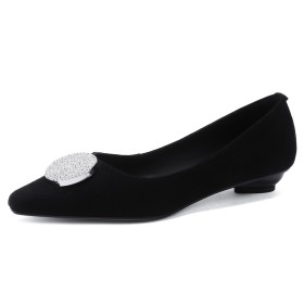 Classic Business Casual Chunky Heel Pointed Toe Low Heeled Suede Slip On Shoes Rhinestones With Metal Jewelry Vintage