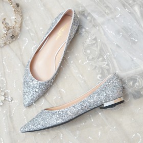 Slip On Wedding Shoes Glitter Shoes Striped Evening Party Shoes Flat Shoes Pointed Toe Prom Shoes Silver
