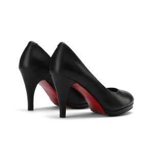 Rund Leder Mit Absatz Schuhe Damen Schwarze 7 cm Mittlerer Absatz Stöckelschuhe Stilettos Klassisch Mit Rote Sohle