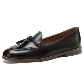 Vintage Round Toe Comfortable Loafers Fringe Flats Leather Black