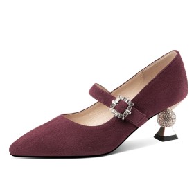Elegant Classic With Crystal Sculpted Heel Pumps Burgundy Business Casual Leather With Metal Jewelry Dress Shoes Belt Buckle 6 cm Heeled