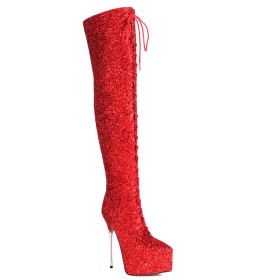 Paillettes 16 cm Tacchi Alto Rosso Plateau Stivali Alti Il ginocchio Pole Dance Stringate Tacchi Spillo