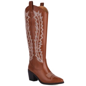 7 cm Mid Heel Comfortable Chunky Heel Knee High Boots For Women Faux Leather Brown Block Heels Tall Boot Cowboy