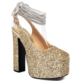 Party Shoes 6 inch High Heel With Rhinestones Pumps Glitter Stylish Platform Wedding Shoes Sparkly Block Heels Slingbacks Dress Shoes